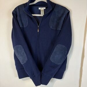 Orvis 100% Wool Zip Up Navy Sweater With Suede Patches Men's M